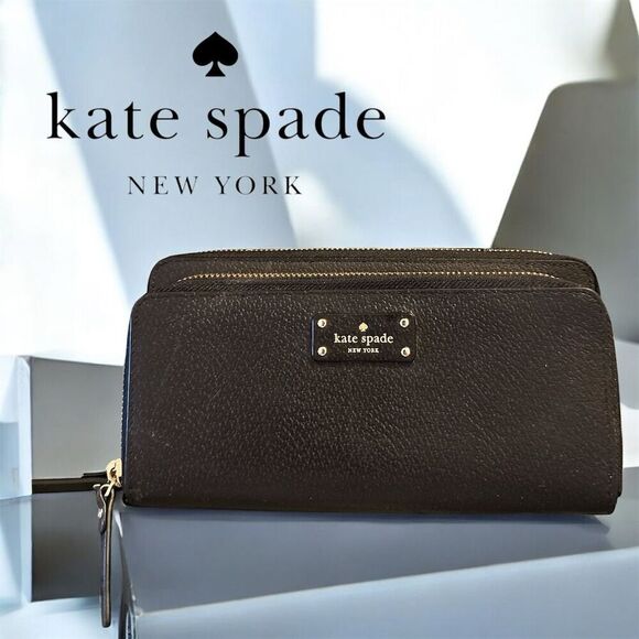 Kate Spade Black Leather Grove Street Gold Tone Double Zipper Logo Clutch Wallet - Picture 1 of 13